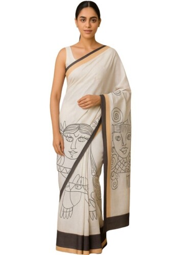 Hand Print White Kerala Cotton Saree - Gender: Women