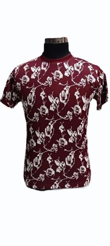 Mens Maroon Floral Printed Poly Cotton T Shirt