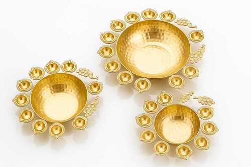 Elegant Peacock And Diya Metal Urli - Color: Golden
