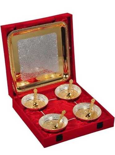 Gold Plated Bowl Set With Spoons And Decorative Tray - Design Type: Traditional Handmade