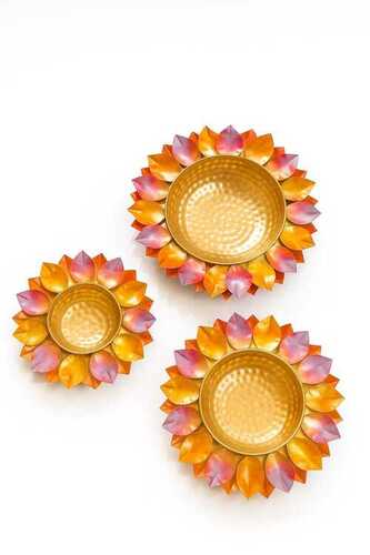 Orange And White Leaf Lotus Urli Set - Color: Golden