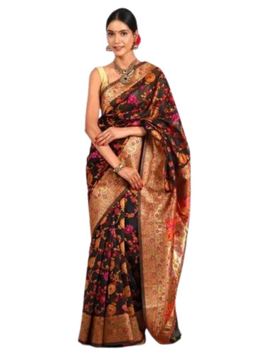 Exquisite Floral Embroidered Black Silk Banarsi Saree