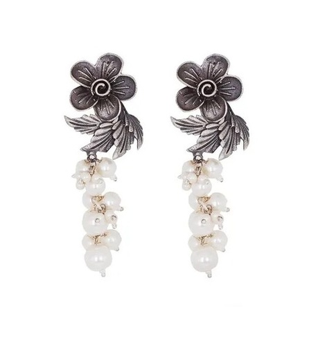 Floral Silver Oxidised Pearl Earring