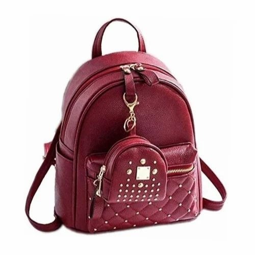 Ladies Maroon Pu Leather Backpack