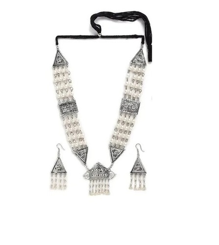 Oxidised Silver Motifs Long Necklace Set With Earrings