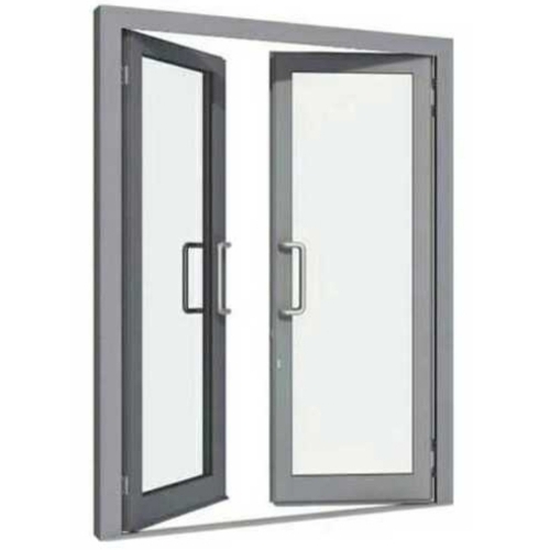 Glass Door - Aluminium, 3.4 Feet Height, Gray Frame, Hinged Double Door | Plain Design, Powder Coated Surface