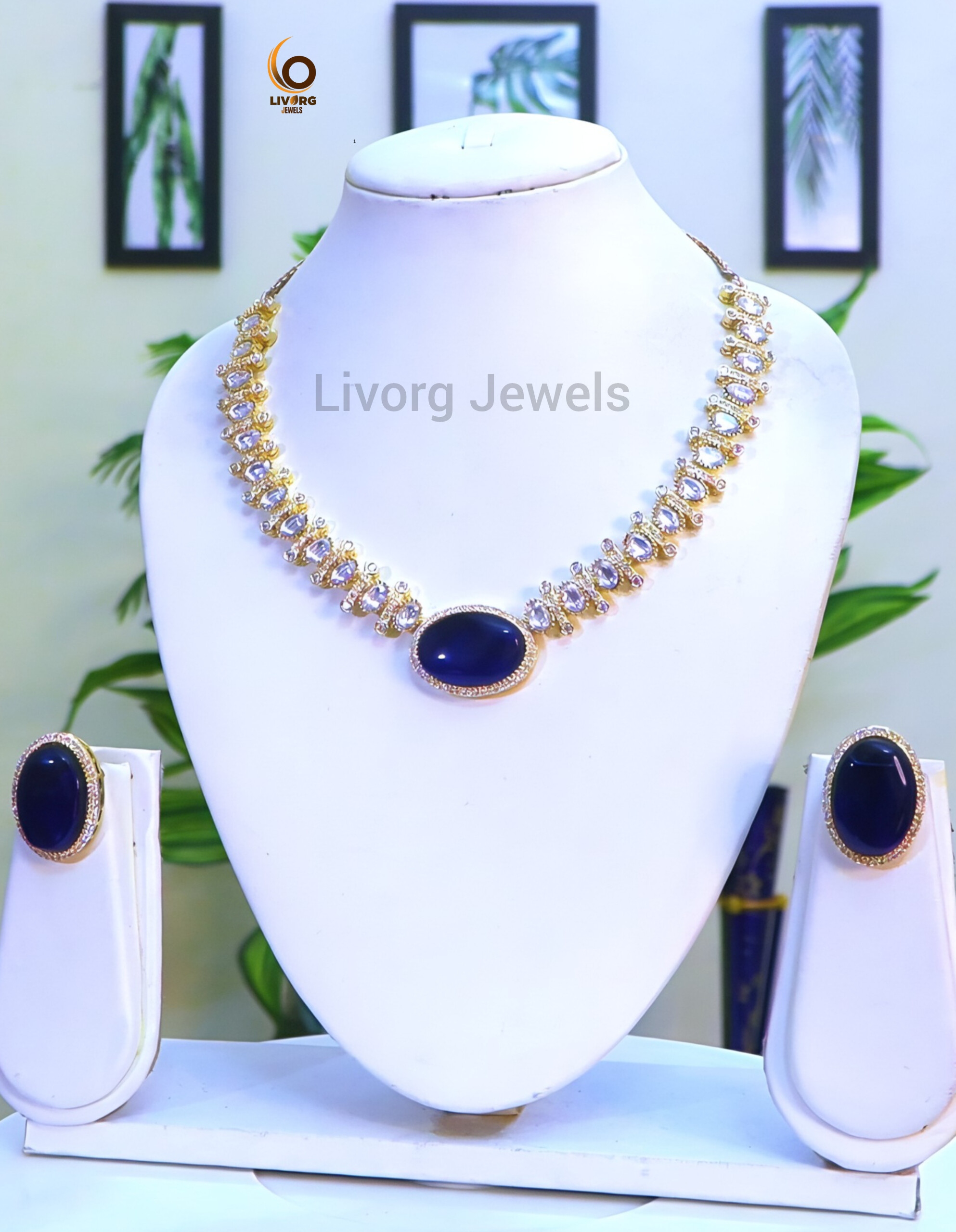 Blue American Diamond Necklace Set - Color: Green And White