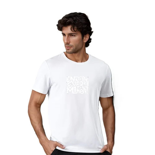 Men Printed Round Neck Polyester White T-Shirt