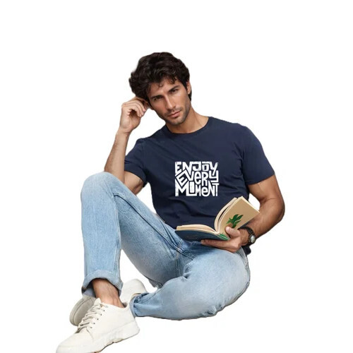 Navy Blue Men Printed Round Neck Polyester T-Shirt