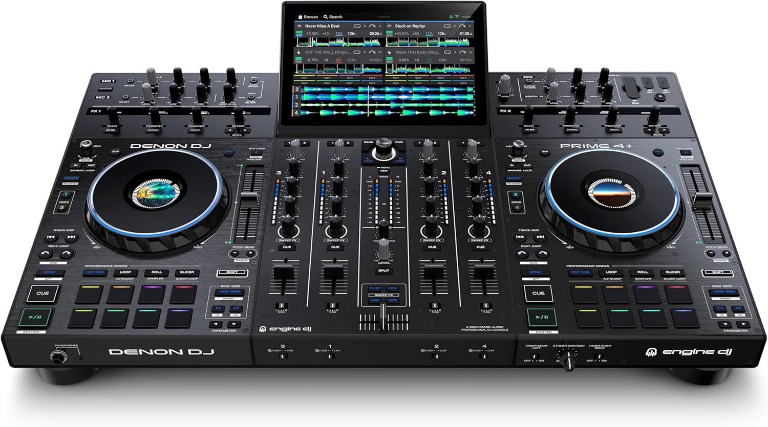 Denon DJ PRIME 4+ Standalone DJ Controller with Stem Separation on 4 Decks, Wi-Fi Streaming, Drop Sampler Mixer, 10.1" Touchscreen, Light Control