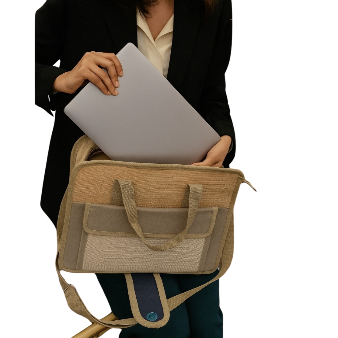 Handmade Jute Made Laptop Bag - Color: Light Green With Cream Base