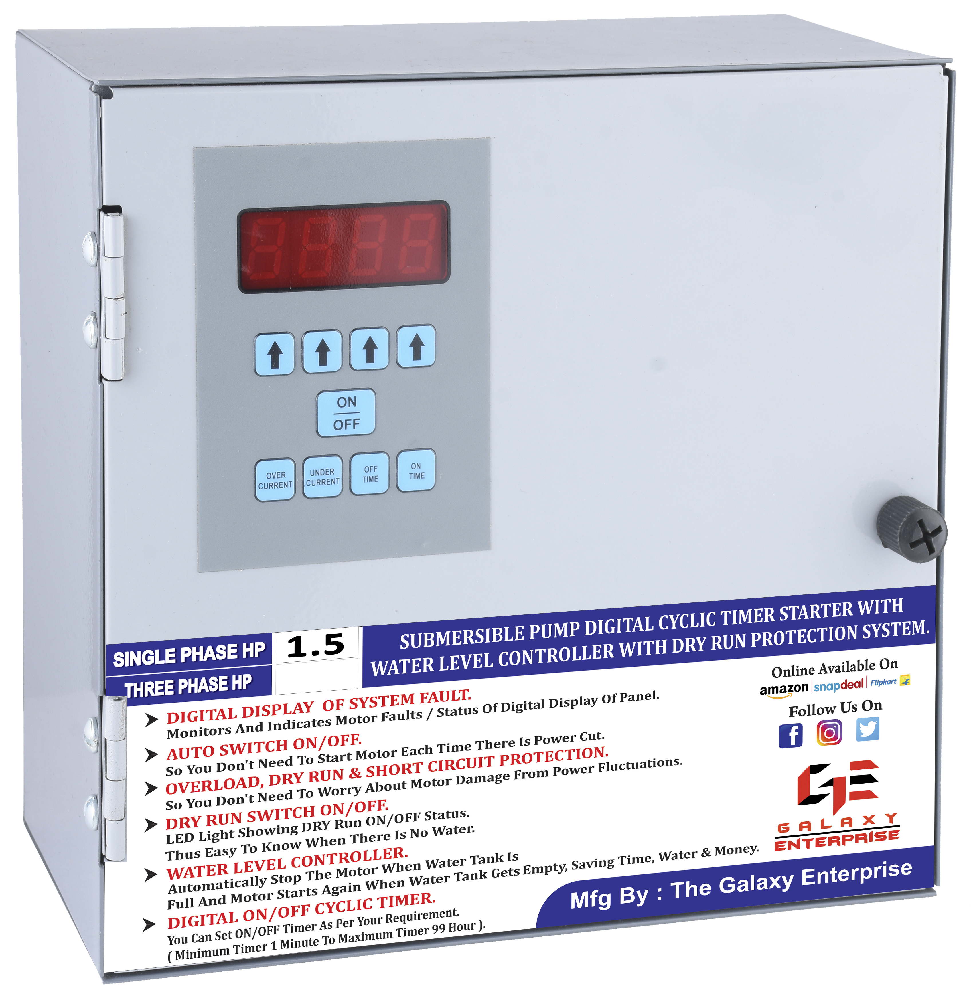 1.5 Hp Single Phase Submersible Pump Digital Starter With Cyclic Timer & Water Level Controller System - Color: Grey