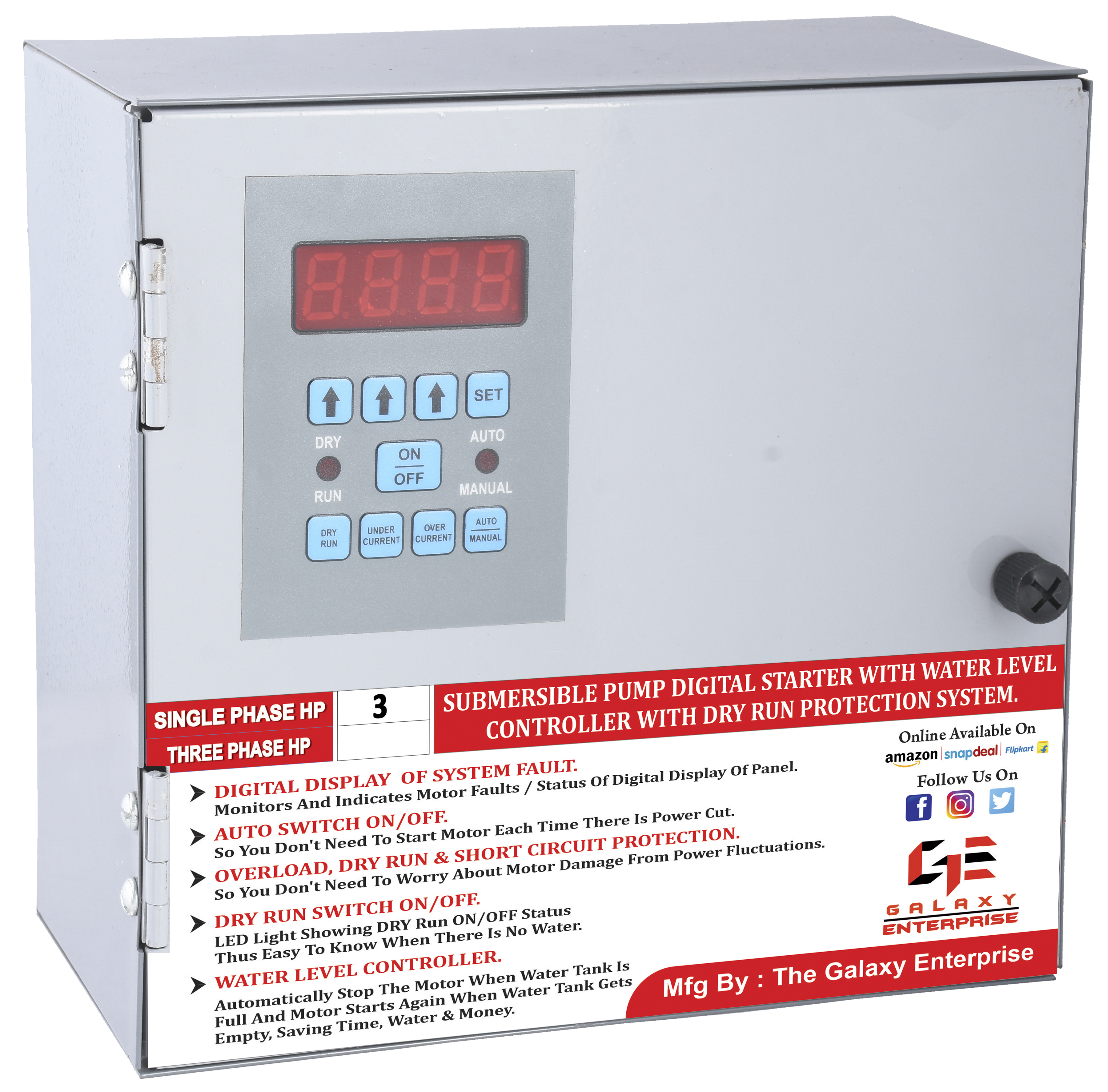 3 Hp Single Phase Submersible Pump Digital Starter & Water Level Controller & Dry Run Protection - Color: Grey