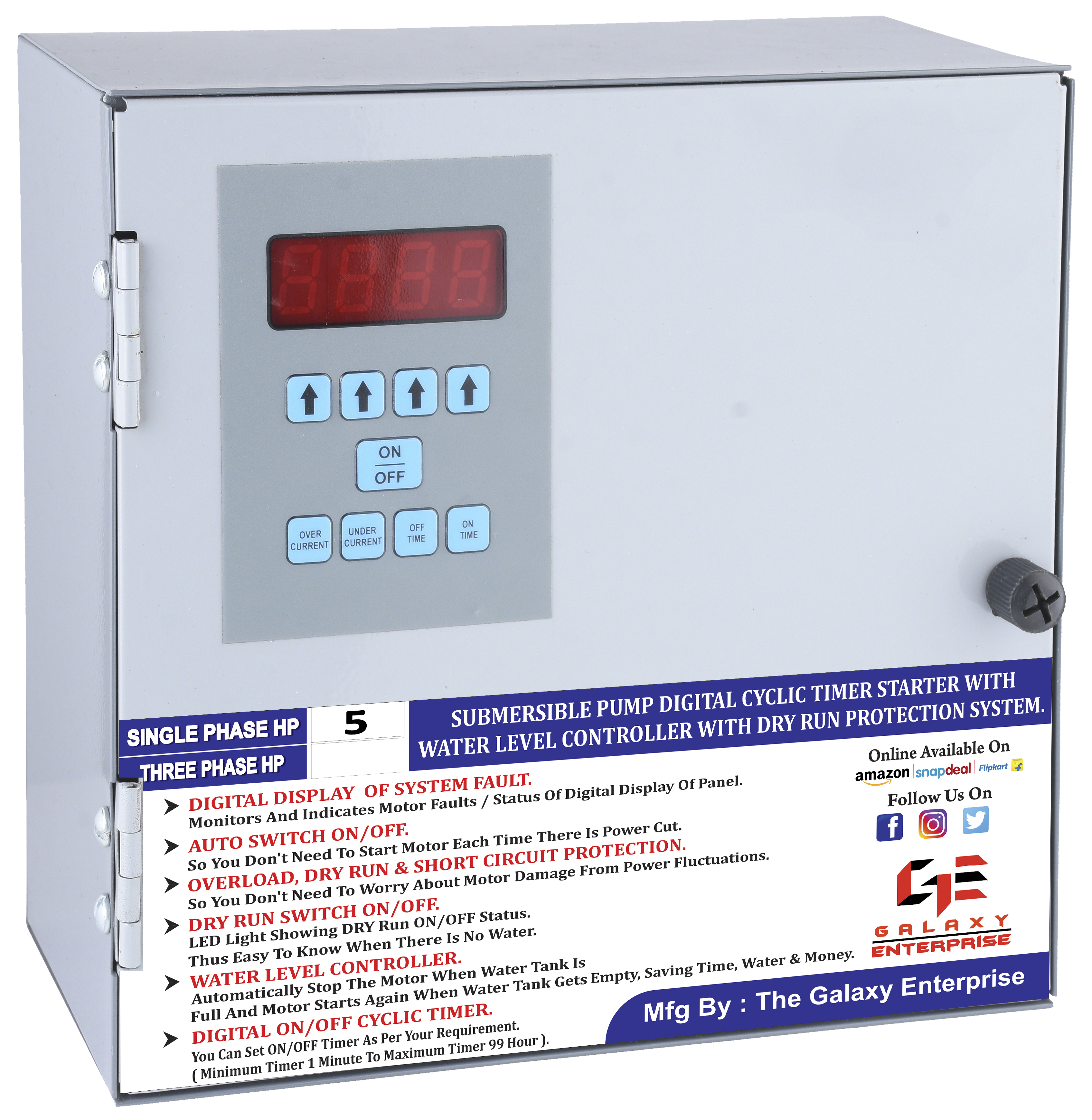 5 Hp Single Phase Submersible Pump Digital Starter With Cyclic Timer & Water Level Controller System - Color: Grey