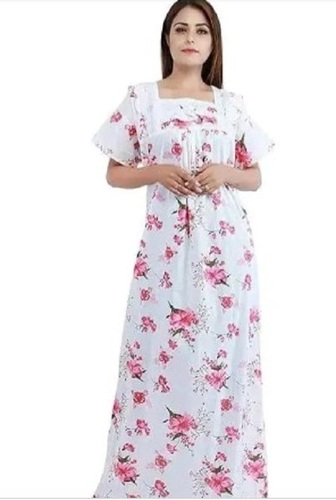 Ladies White Pink Printed Cotton Nighty By Shree Shya