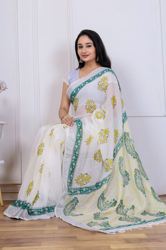 Handblock Printed Cotton Linen Saree