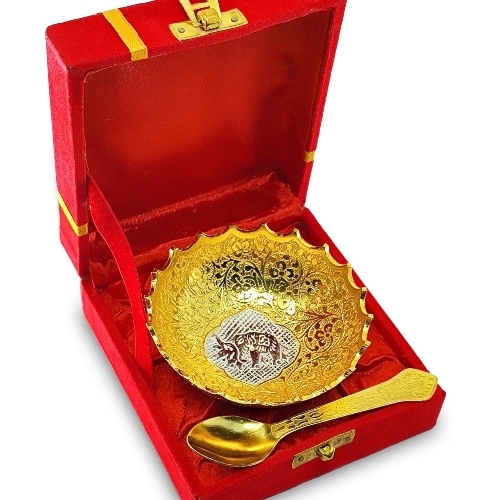 BENGALEN Gold Plated Bowl Spoon Set Light Weight With Red Box