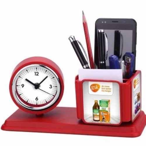 Plastic Pen Stand With Clock