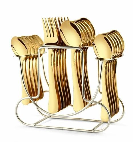 Elegante 24 Pcs Blossom Royal Gold Spoon Cutlery Set - Steel, Standard Size, Gold | 24 Pieces, Box Packaging