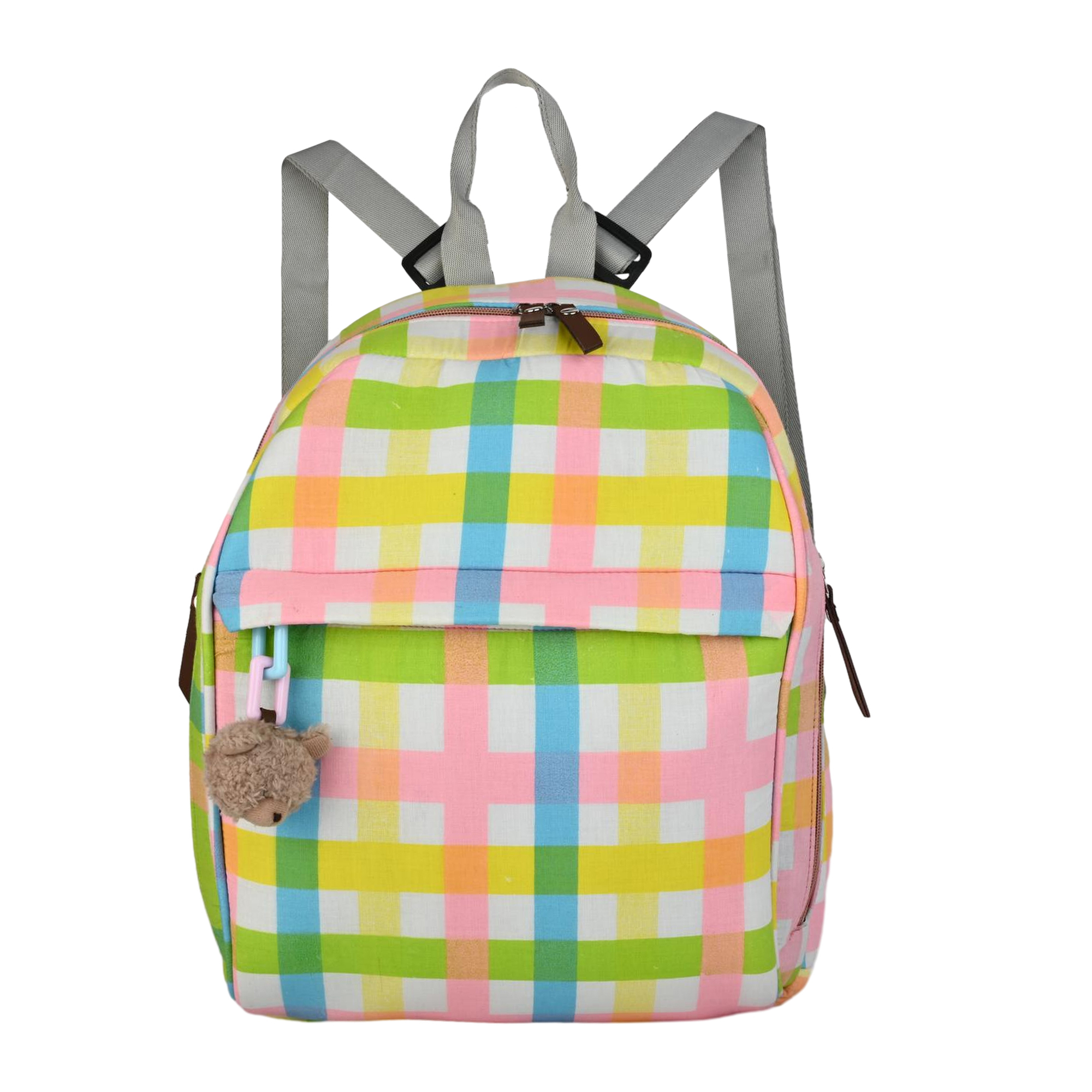 Multi-color Plaid Checkered Backpack With Teddy Bear Charm - Material: Cotton Fabric