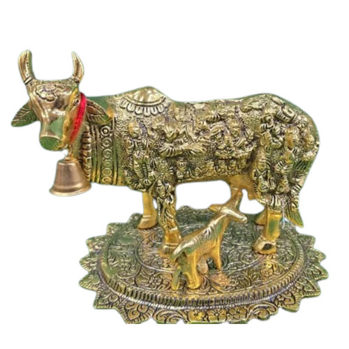 8 Inch Brass Kamdhenu Cow Calf Statue