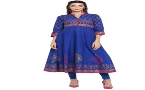 Women Anarkali Kurta - Blue Embroidered, Long Sleeve, Quick Dry | Wrinkle Free, Stylish Comfort