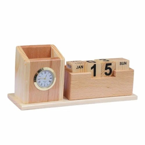 Wooden Pen Holder With Clock