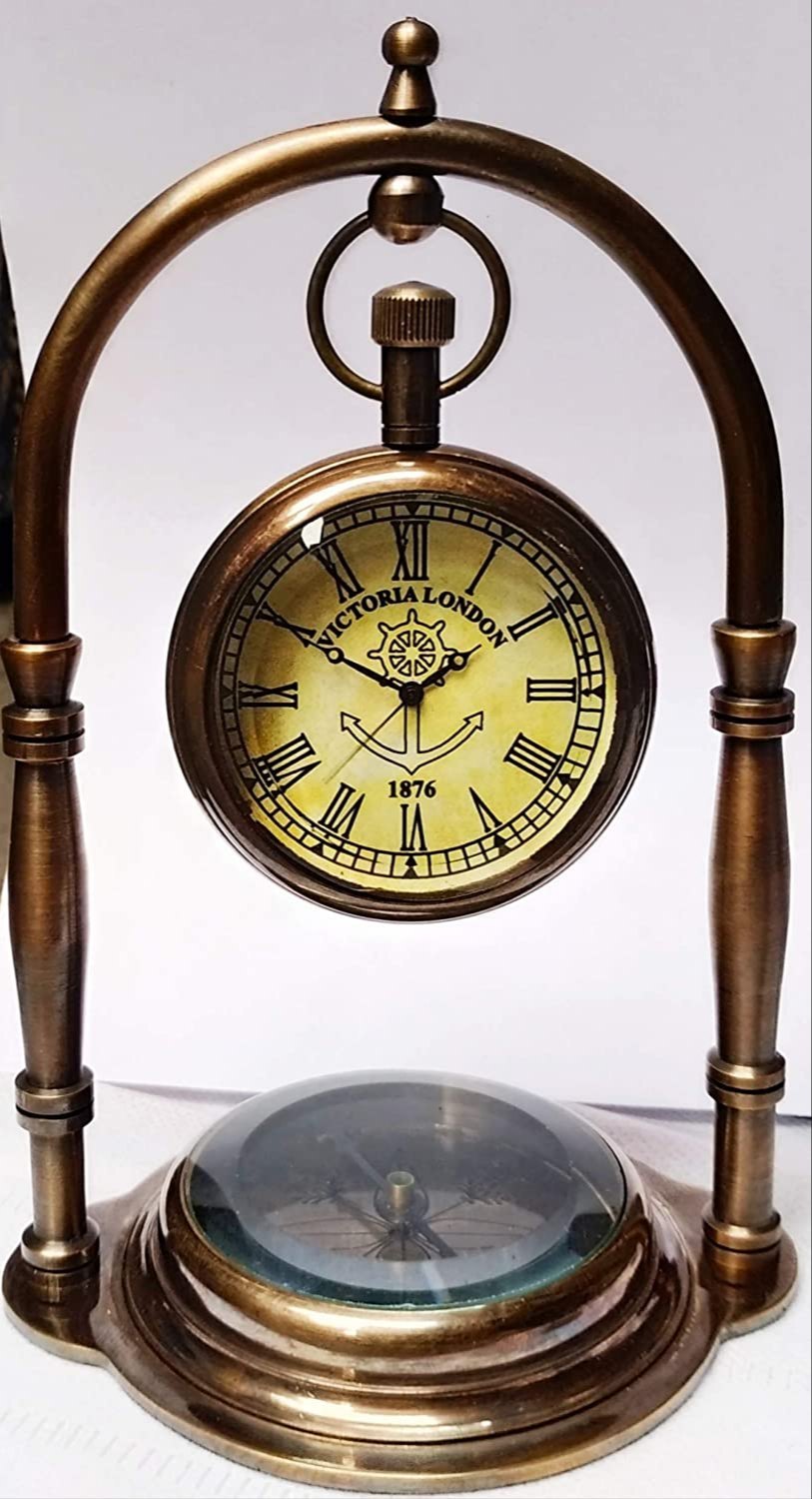 Vintage Brass Desk Clock With Compass