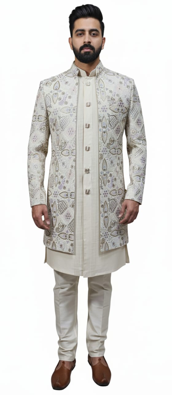 Off White Silk Embroidered Indo Western Sherwani Set - Color: Off-Withe