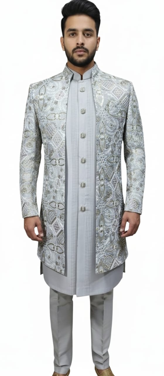 Grey Embroidered Indo-Western Sherwani Set - Gender: Male