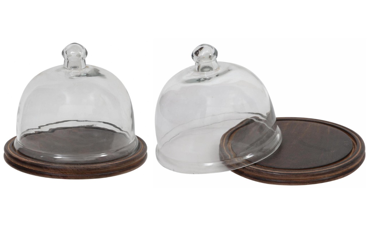 Handizo Decor Wooden Cake Stand With Glass Dome - Shape: Round