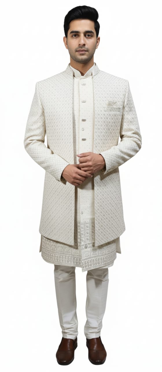 Elegant Ivory Textured Indo-Western Suit