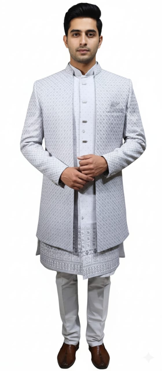Royal Silver Textured Indo-Western Suit - Gender: Male