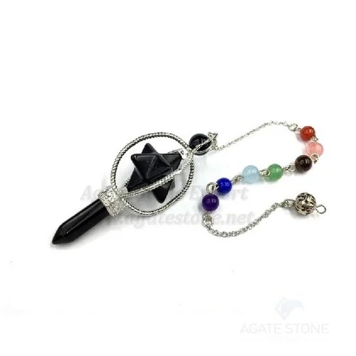 7 Chakra Black Obsidian Pendulum Gemstone Point Merkaba Star Dowsing Crystal