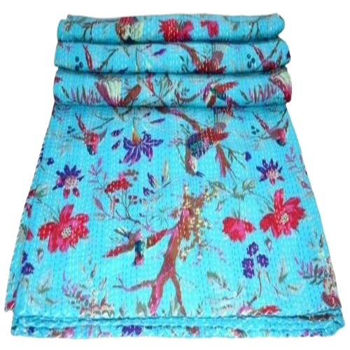 Sky Blue Print Kantha Quilt - 100% Cotton, Single Size, Handmade | Hand-Stitched, Embroidered, Soft, Dry Clean Care