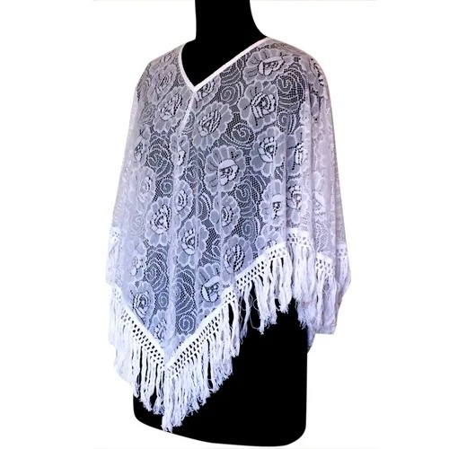 Handmade White Fringed Crochet Poncho - Type: Fashion Stoles