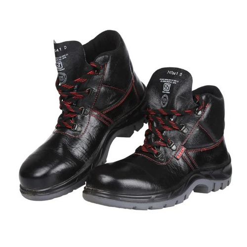 High Ankle Black Safety Shoes - Full Grain Leather, Sizes 6-9, Black, Heat-Treated Steel Toe Cap, Shock-Absorbent Heel
