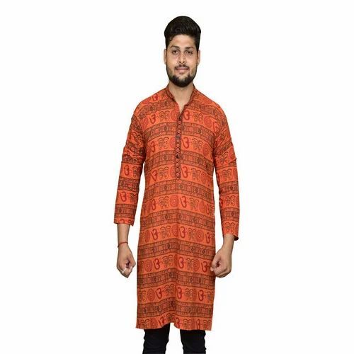 Mens Cotton Long Om Print Kurta
