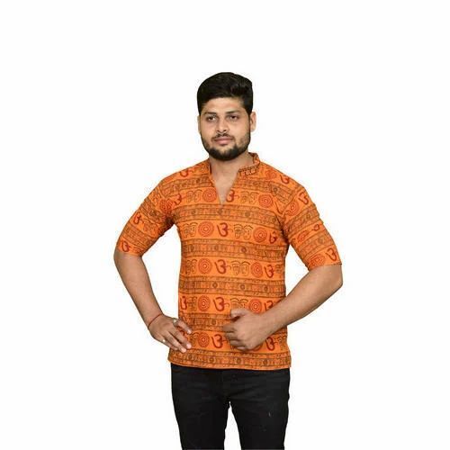 Mens Half Sleeve Cotton Om Print Kurta
