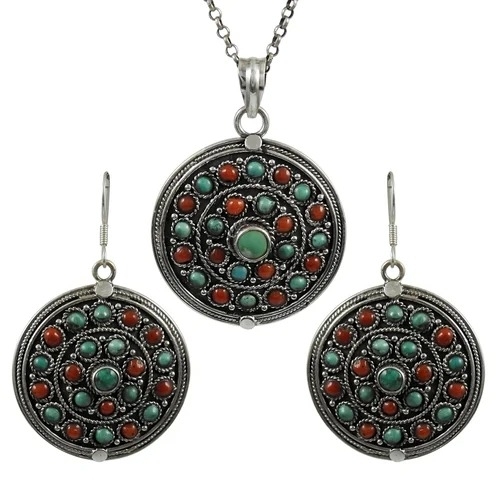 Coral And Turquoise Gemstone Silver Jewelry Set - 925 Sterling Silver, 20.2g, Round Shape | Handcrafted, Hypoallergenic, Timeless Design