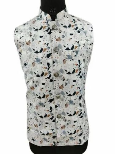 Mens Designer White Printed Cotton Nehru Jacket