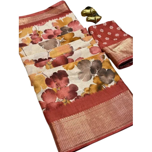 Dola Silk Blouse Piece - Multicolour Floral Print, Zari Border, Washable, Party Wear, Lightweight Silky Texture