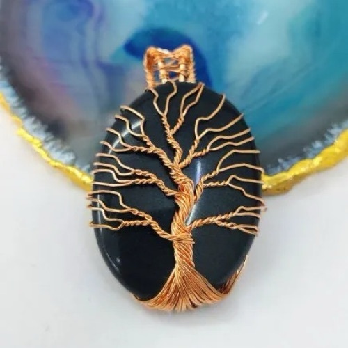 Black Onxy Copper Wire Wraped Tree of Life Pendant