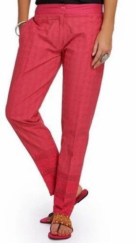 Pink Cambric Embroidered Slim Pants