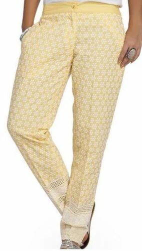 Yellow Cotton Embroidered Slim Pant