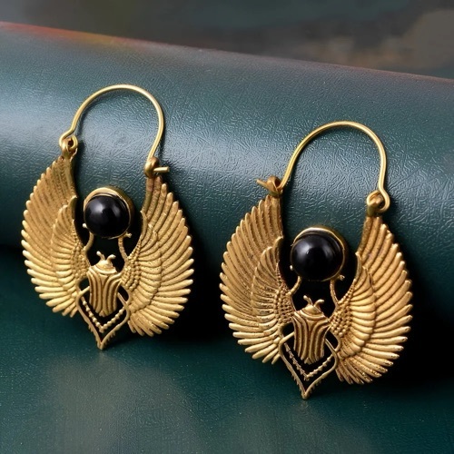 Brass Scarab Earrings, Obsidian Earrings, Insect Jewelry, Brass Egyptian Talisman Scarabs Earrings,