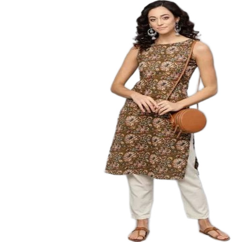 Olive Floral Sleeveless Cotton Kurti