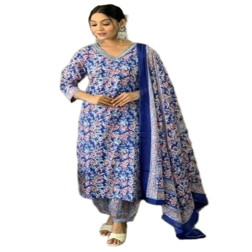 Ladies Blue Pure Cotton Kurti Pant Set