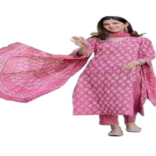 Ladies Cotton Light Pink Kurti Pant Set