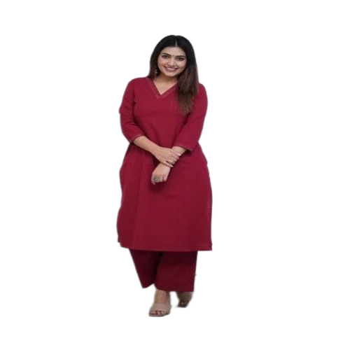 Ladies Maroon Cotton Kurti Pant Set